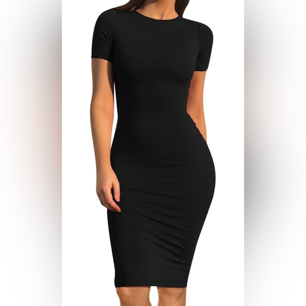 Black Bodycon Midi Dress Short Sleeve Fitted Casual Basic Stretch